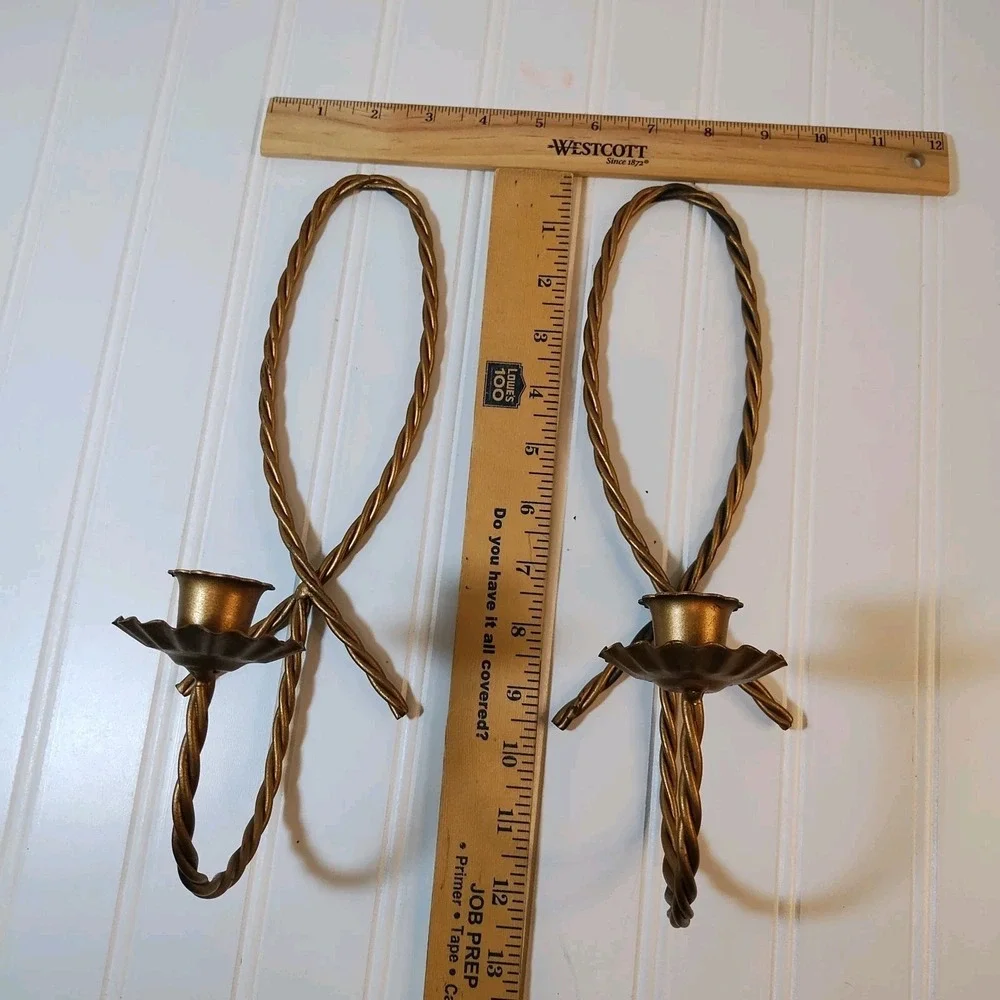 Pair Vtg Homco Braided Candle‎ Holders Twisted Wire Rope Metal Wall Sconces 2